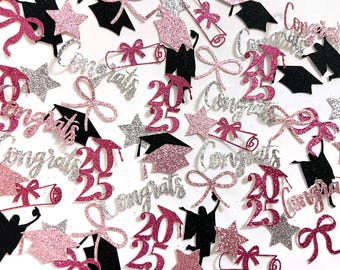 Pink 2025 graduation confetti, personalized name confetti, pink bow coquette graduation decorations, girl table scatter college high school