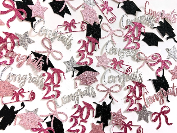 Pink 2025 graduation confetti, personalized name confetti, pink bow coquette graduation decorations, girl table scatter college high school