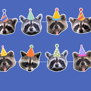 May include: Eight raccoon faces with party hats on a blue background. The hats are various colors, including yellow, orange, and blue, with different patterns. Some raccoons have their tongues out.