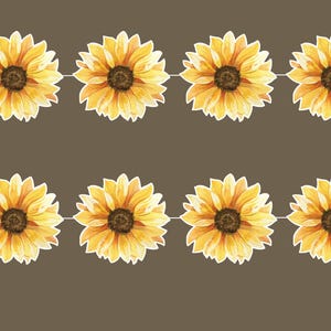 May include: Watercolor illustration of eight sunflowers arranged in two rows on a brown background. The sunflowers have yellow petals, brown centers, and white outlines. The image is a repeating pattern, suitable for fabric or wallpaper.
