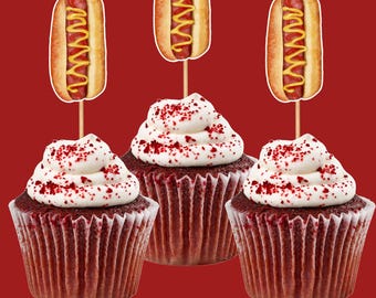 Hotdog birthday cupcake toppers, funny weenie bachelorette decorations