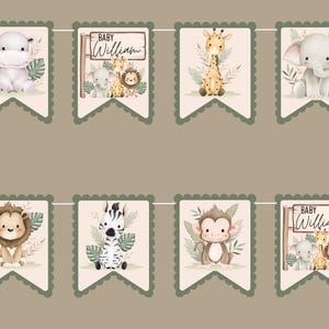 May include: A banner set featuring watercolor illustrations of safari animals, including a hippo, elephant, giraffe, lion, zebra, and monkey. Some banners include the text "Baby William" on a wooden sign. The banners have a scalloped edge.