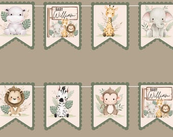 Puede incluir: Un conjunto de banderines con ilustraciones de acuarela de animales de safari, incluyendo un hipopótamo, un elefante, una jirafa, un león, una cebra y un mono. Algunos banderines incluyen el texto "Baby William" en un letrero de madera. Bordes festoneados.
