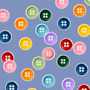May include: A collection of colorful buttons in various shades, including pink, green, orange, blue, and yellow, scattered on a light blue background. Each button has four holes and a white border, creating a playful and vibrant pattern.