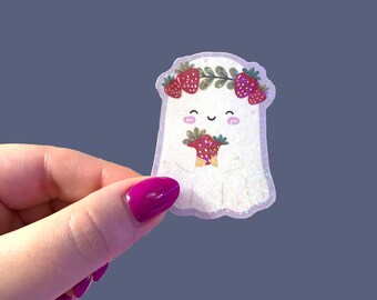 Strawberry ghost sticker, holographic halloween waterproof sticker for laptop or water bottle,