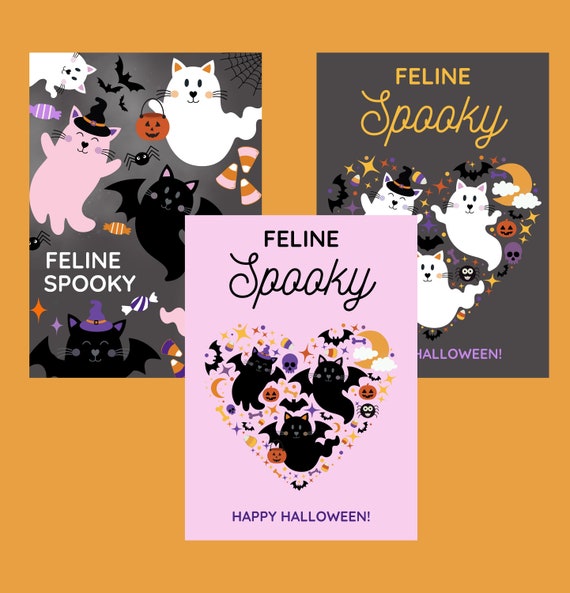 Cat halloween card set, feline spooky cute cat halloween cards, halloween stationary, funny halloween greeting cards