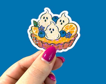 Holographic ghost lemon meringue tart sticker, Halloween waterproof sticker for laptop or water bottle