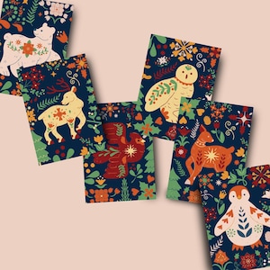 Set of 6 Folk art Christmas cards, colorful animal Christmas cards, holiday card set, nordic Christmas cards, unique Christmas card set
