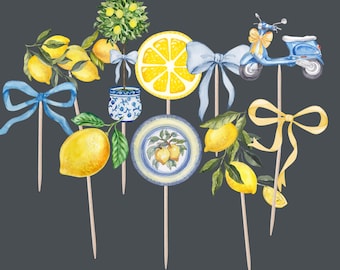 May include: Watercolor illustrations of lemon-themed decorations on wooden sticks. Includes a lemon slice, a blue scooter, a lemon tree in a blue and white pot, and a plate with lemons. Also features yellow and blue bows.