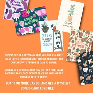 May include: A set of 10 greeting cards with various designs, including a birthday card with a cow and strawberries, a birthday card with a capybara, a card with a plant and the text "Congrats on your little sprout", and a card with a plant and the text "Cheers to another year of growth".
