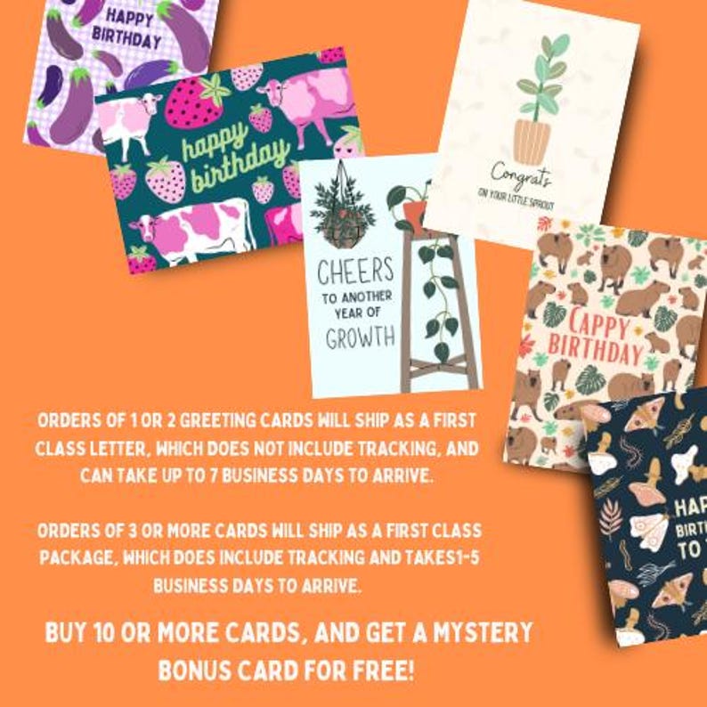 May include: A set of 10 greeting cards with various designs, including a birthday card with a cow and strawberries, a birthday card with a capybara, a card with a plant and the text "Congrats on your little sprout", and a card with a plant and the text "Cheers to another year of growth".