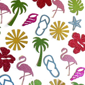 Beach confetti, tropical beach birthday party decorations, glitter aloha birthday confetti, beach party table scatter, flamingo confetti