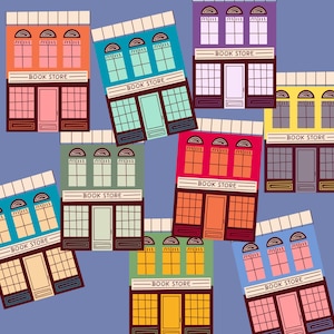 May include: A pattern of colorful, stylized illustrations of book stores on a blue background. Each building has a different color scheme, with the words "BOOK STORE" displayed on a sign above the entrance. The buildings have windows and doors.