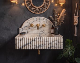 Calacatta Viola Marble Sink, Fluted Wall Mounted Bathroom Basin with Backsplash, Custom Size Vanity
