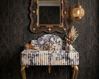 Calacatta Viola Marble Sink, Fluted Wall Mounted Bathroom Vanity, Hand Carved Italian Stone Basin, Luxury Powder Room, Custom Sizes