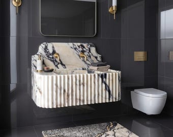 Calacatta Viola Marble Sink, Fluted Wall Mount Bathroom Basin with Backsplash, Handcarved Luxury Vanity