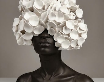 Busto de mujer negra impreso en 3D / Escultura de hortensia afro / Flor n.° 1 / Decoración para el hogar negra