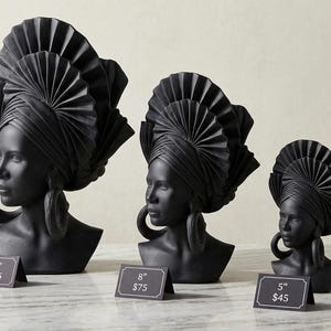 Busto con corona Gele africana / Elegante opera d'arte raffigurante una dea del patrimonio culturale