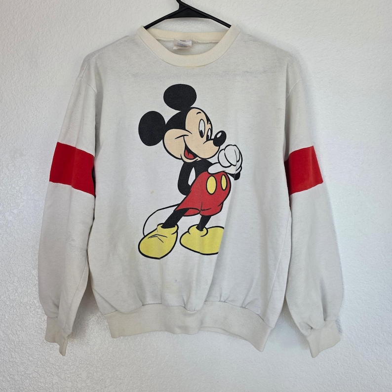 Vintage Disney Wear Mickey Mouse Sweatshirt Off White Red Sleeve Stripe Mens L image 7