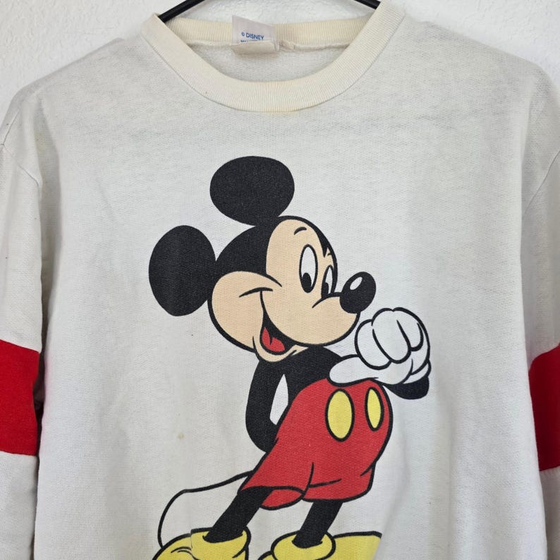 Vintage Disney Wear Mickey Mouse Sweatshirt Off White Red Sleeve Stripe Mens L image 4