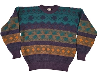 Vintage Unionbay herentrui maat S, geometrisch gebreid in zuidwestelijke stijl, paarsgroenblauwe wol.