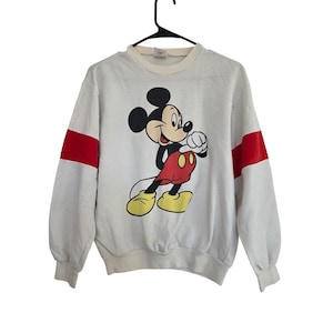 Vintage Disney Wear Mickey Mouse Sweatshirt Off White Red Sleeve Stripe Mens L image 1