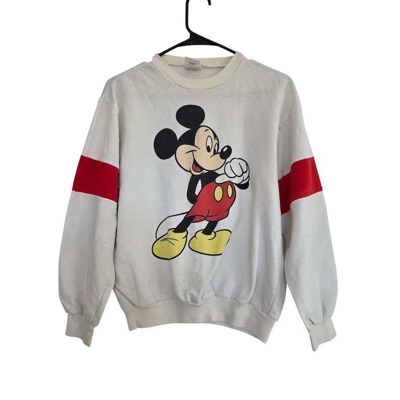 Vintage Disney Wear Mickey Mouse Sweatshirt Off White Red Sleeve Stripe Mens L image 1