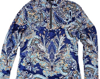 Acegolfs Top de manga larga con cremallera de un cuarto y estampado paisley para mujer, talla pequeña, color azul marino y dorado