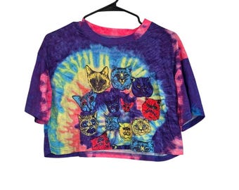 Womens Tie Dye Crop Top Cat Print Short Sleeve T Shirt Size M