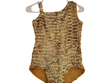 Wolffording & Co Girls Sequin One Shoulder Leotard Gold Dance Costume Size 140