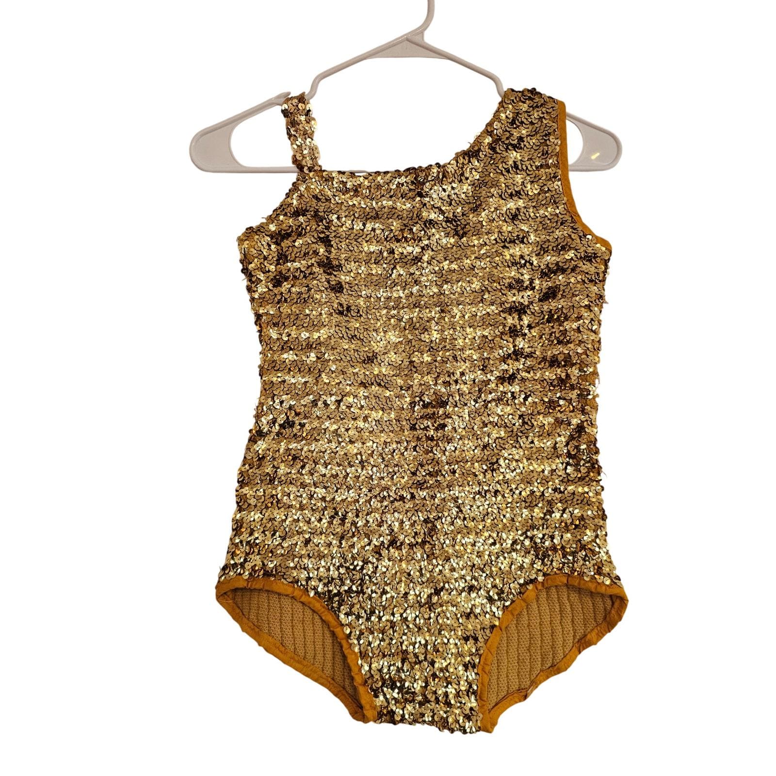 Wolffording & Co Girls Sequin One Shoulder Leotard Gold Dance Costume Size 140