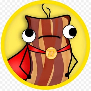 May include: A cartoon illustration of a piece of bacon wearing a red cape and a gold medal with the letter "B" on it. The bacon has a yellow background and a surprised expression.