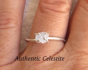 Celestite ring, natural celestite stone, pronged ring, adjustable ring, gemstone ring, irregular ring