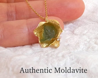 Moldavite necklace in flower pendant , authentic meteorite stone , czech origin