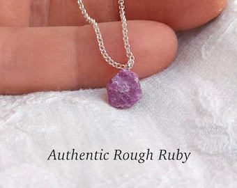 Raw ruby pendant necklace , rough natural stone , crystal jewelry , july birthstone