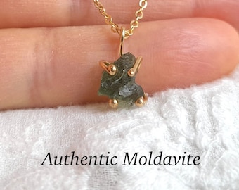 Moldavite pendant necklace , authentic meteorite stone jewelry , pronged pendant