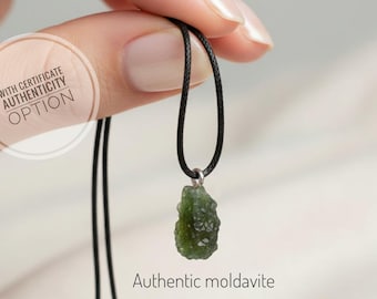 Unisex Raw Moldavite Pendant Necklace , Authentic Czech Meteorite Stone