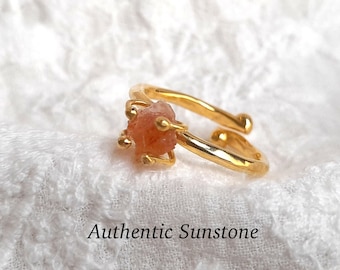 Sonnenstein Ring, roher Naturstein Schmuck, Oktober Geburtsstein, verstellbares Band