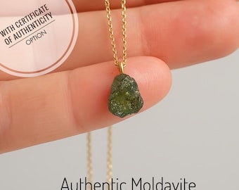 Moldavite Necklace – Authentic Meteorite Stone, Raw Small Pendant on Stainless Steel Chain
