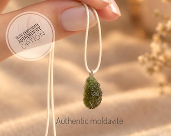 Unisex Raw Moldavite Necklace with Ivory Cord, Authentic Czech Meteorite Pendant