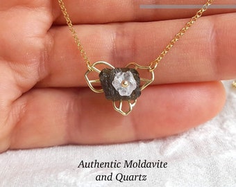 Moldavite and quartz necklace, flower pendant, moldavite quartz pendant, meteorite stone pendant, meteorite necklace, gold filled chain