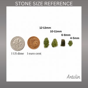 May include: A stone size reference chart featuring a US dime, a 1 euro cent coin, and four green stones labelled with measurements: 12-13mm, 10-11mm, 6-8mm, and 4-5mm. The text reads STONE SIZE REFERENCE, 1 US dime, 1 euro cent, and Antolin.