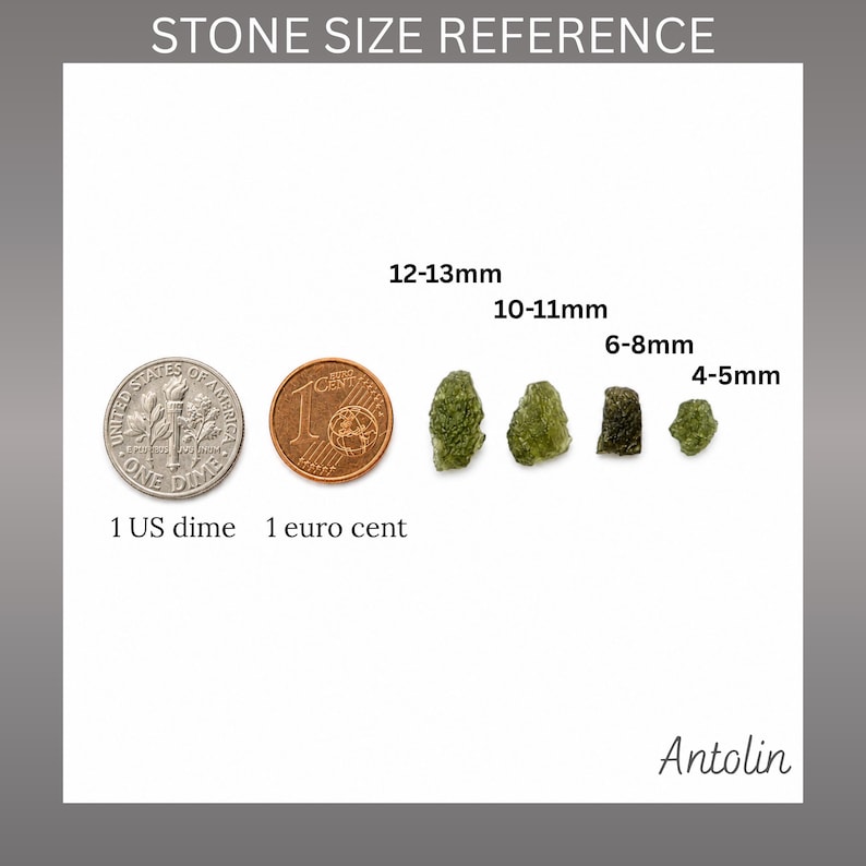 May include: A stone size reference chart featuring a US dime, a 1 euro cent coin, and four green stones labelled with measurements: 12-13mm, 10-11mm, 6-8mm, and 4-5mm. The text reads STONE SIZE REFERENCE, 1 US dime, 1 euro cent, and Antolin.