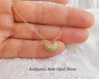 Ethiopian opal rough in Sun Pendant , natural gemstone necklace , october birthstone gift