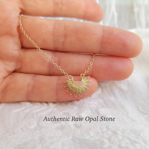 Ethiopian opal rough in Sun Pendant , natural gemstone necklace , october birthstone gift