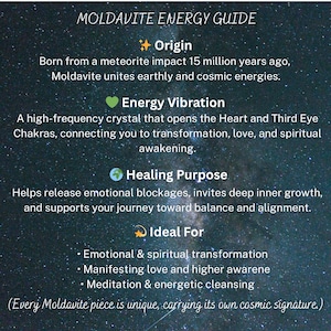 May include: An informational graphic titled Moldavite Energy Guide set against a starry night sky background. It details the origin, energy vibration, healing purpose, and uses of Moldavite, including bullet points on transformation and meditation.