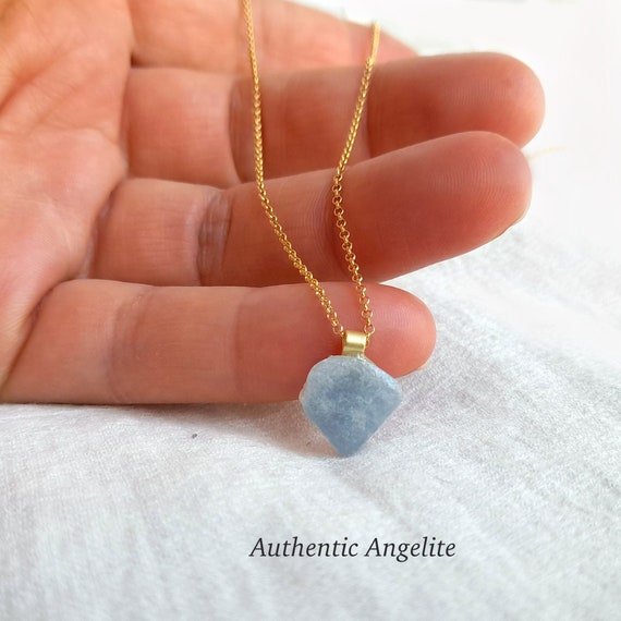 Angelite necklace, angelite pendant, rough angelite crystal, angelite jewelry, natural gemstone necklace, stainless steel chain