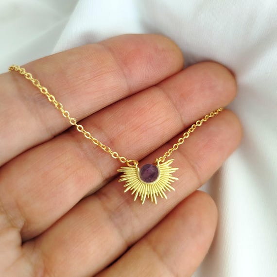 Dainty amethyst gemstone in half sun pendant , boho stone necklace , crystal jewelry