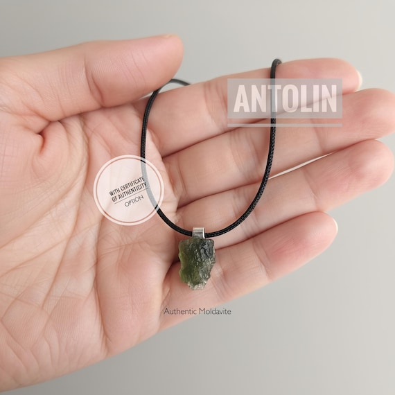 Unisex Raw Moldavite Pendant Necklace , Authentic Czech Meteorite Stone