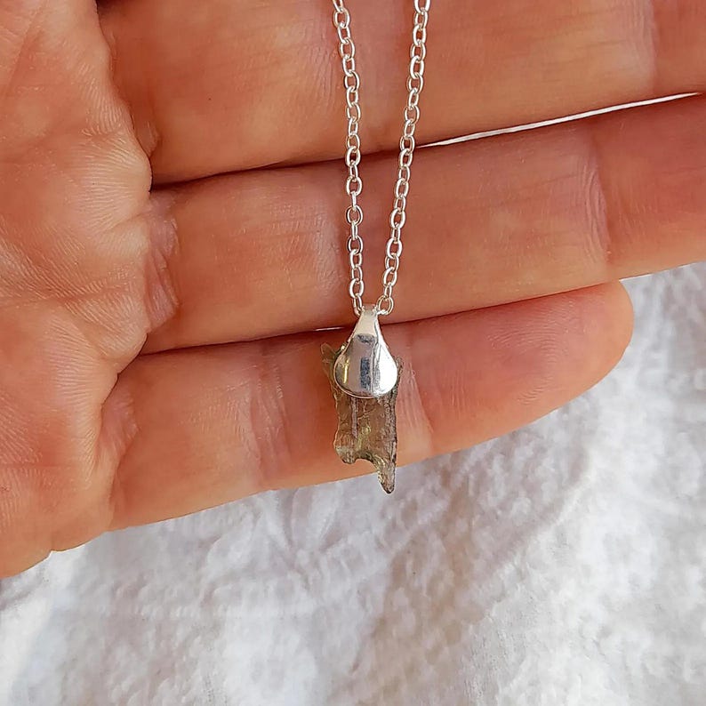 Authentic moldavite necklace , thin tektite pendant , natural stone from Czech Republic Silver over S. Steel